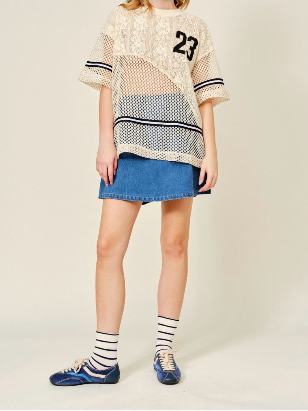 NWOT Varsity 23 Oversized Lace Crochet Knit Top (Cream) - Picture 2 of 4